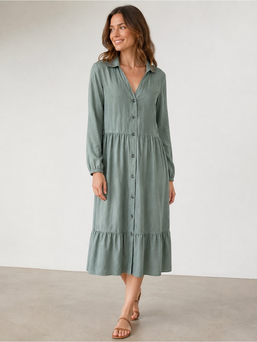 Navigata brand Minimalist Hobo Button-Front Long Sleeve Midi Dress Sage Green|XL